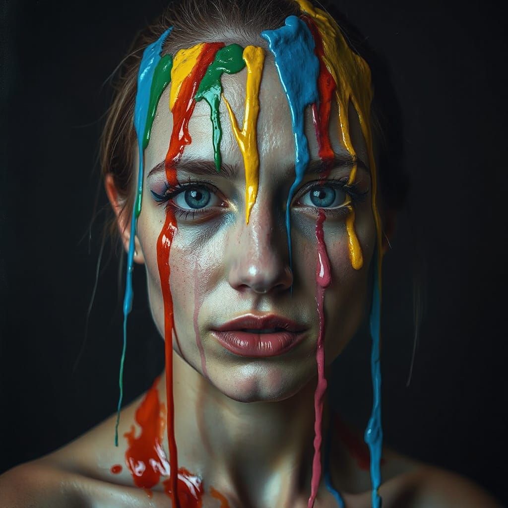 Surreal Portrait of Woman with Dripping Paint
