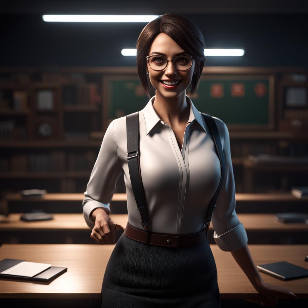 Scary Female Teacher with Evil Smile in 3D