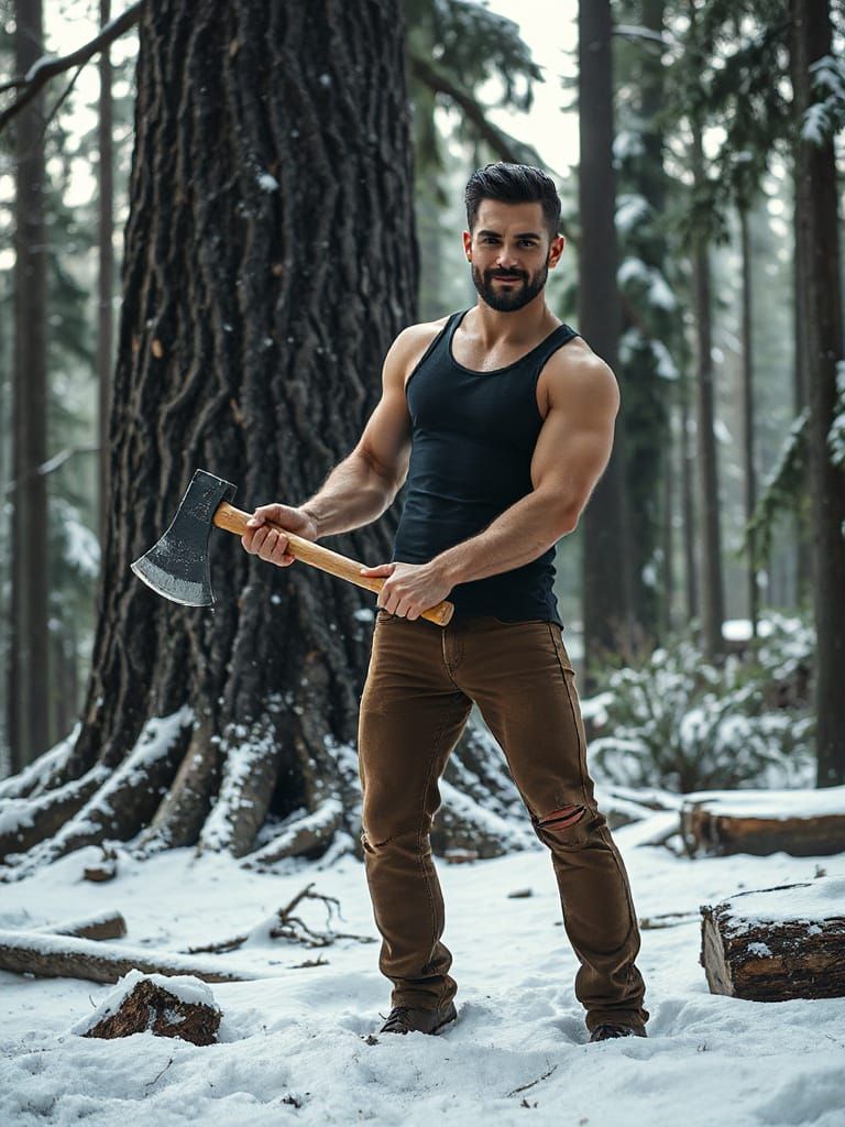 Hyperrealistic Lumberjack Ready to Fell Giant Tree