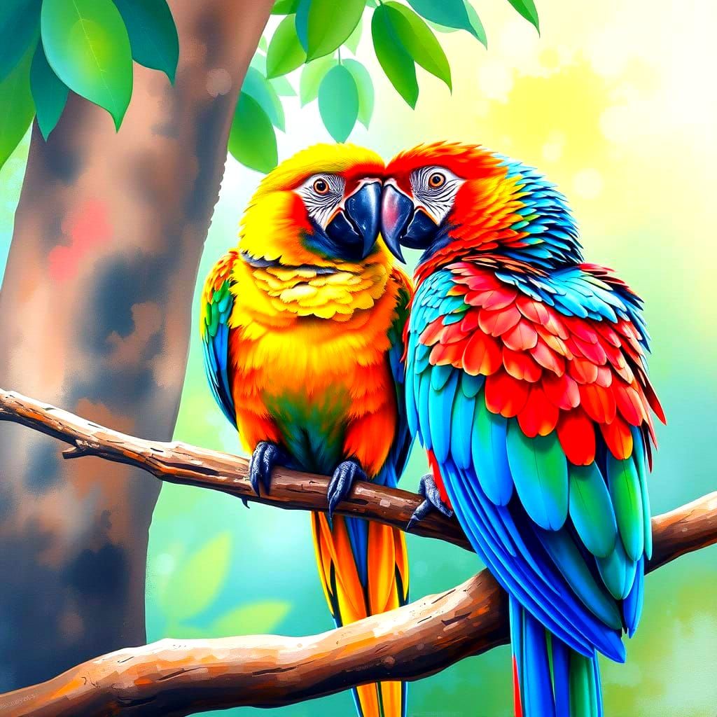 Vibrant Couple Parrots in Gouache Masterpiece
