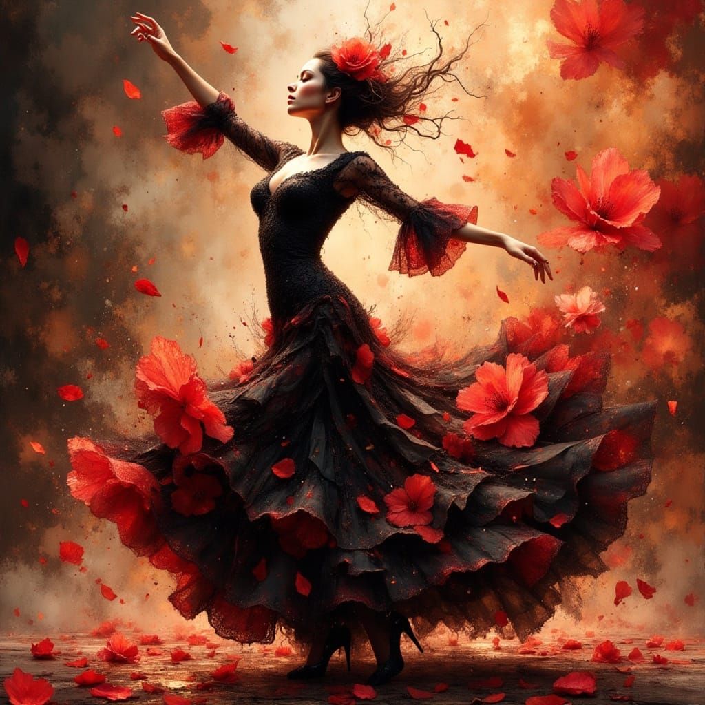 Fiery Flamenco Dancer in Anime Style with Floral Accents