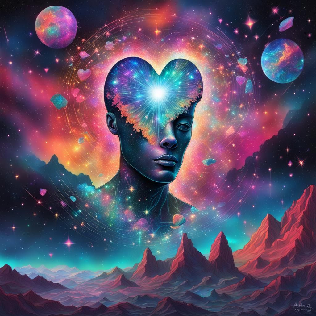 Holographic Broken Heart: Cosmic Mixed Media Illustration