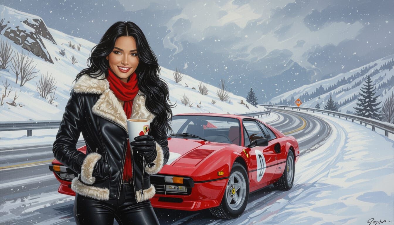 Textured Painting of Woman in Leather Jacket and Ferrari