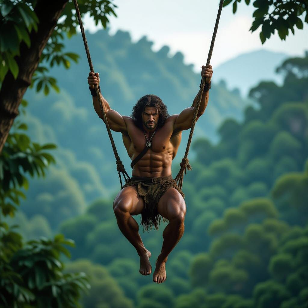 A muscular Tarzan swinging on a vine, wearing only a loin cloth