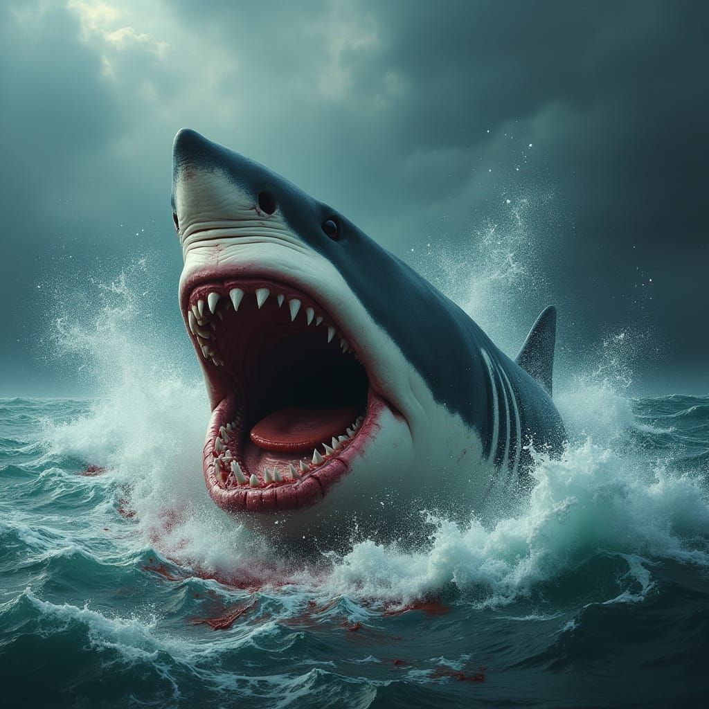 Great White Shark Breaching in Dark Realism