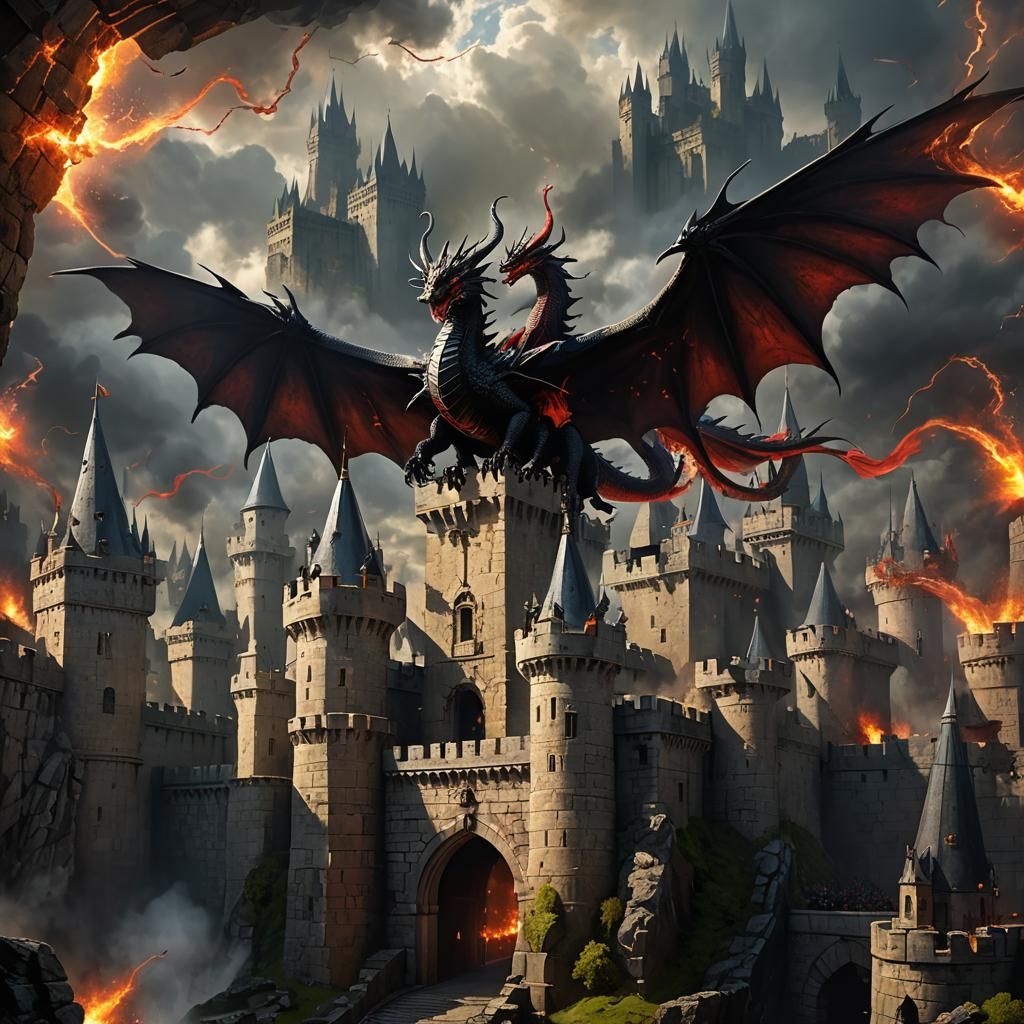 Dragons Guarding Castle Gate in a Fantasy Landscape