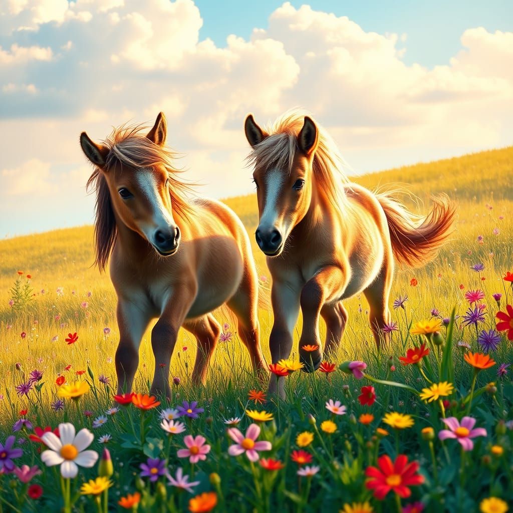 Vibrant Spring Meadow Scene with Adorable Shetland Pony Foal...