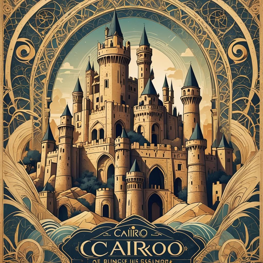 Cairo Travel Poster with Ruined Castle in Art Deco Style