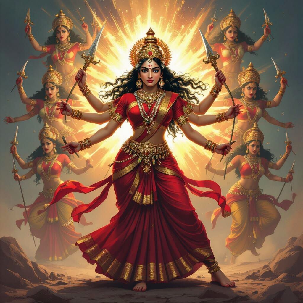 Fierce Goddess Durga Radiating Energy in Dynamic Poses