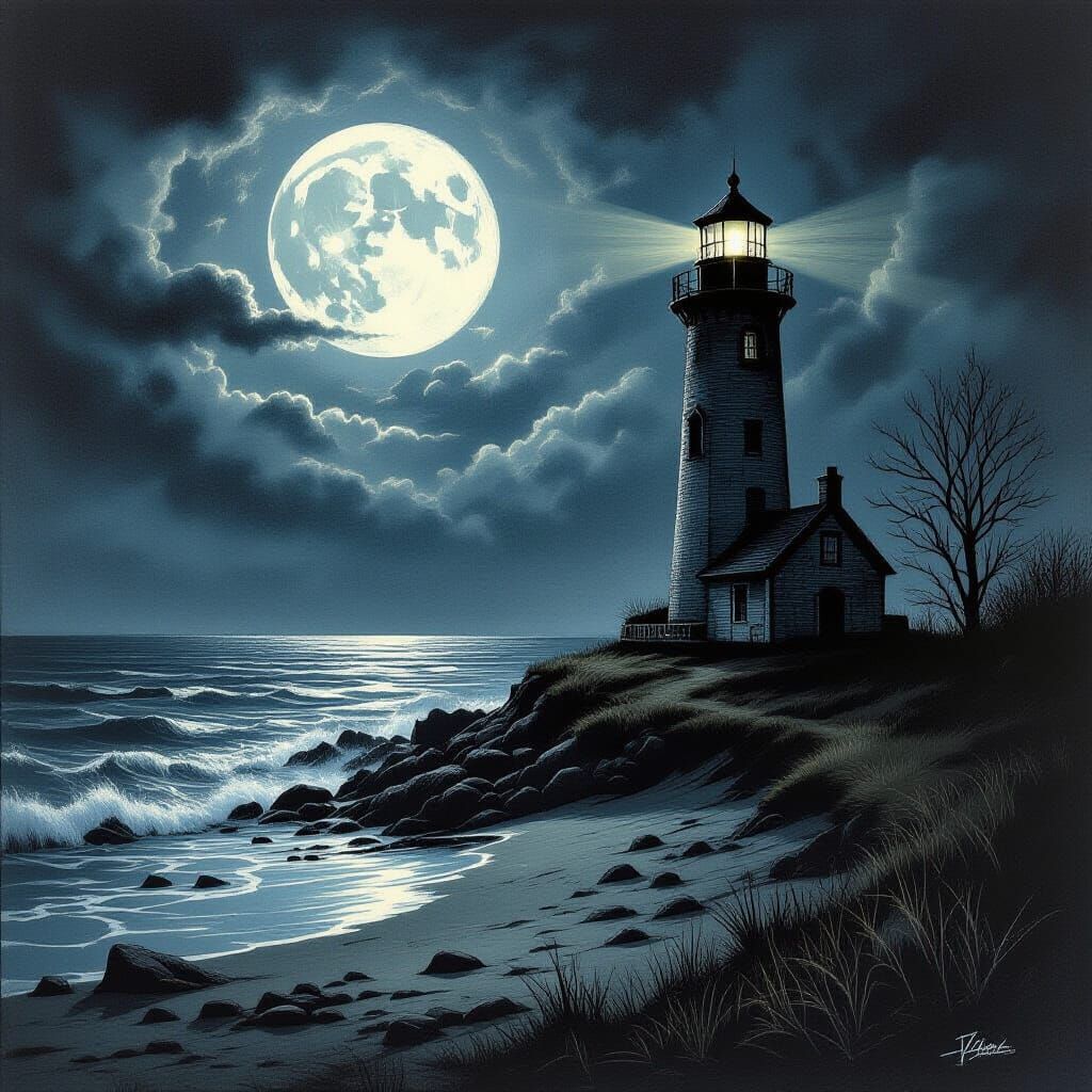 Ominous Lighthouse on Desolate Shore: Scratchboard Style