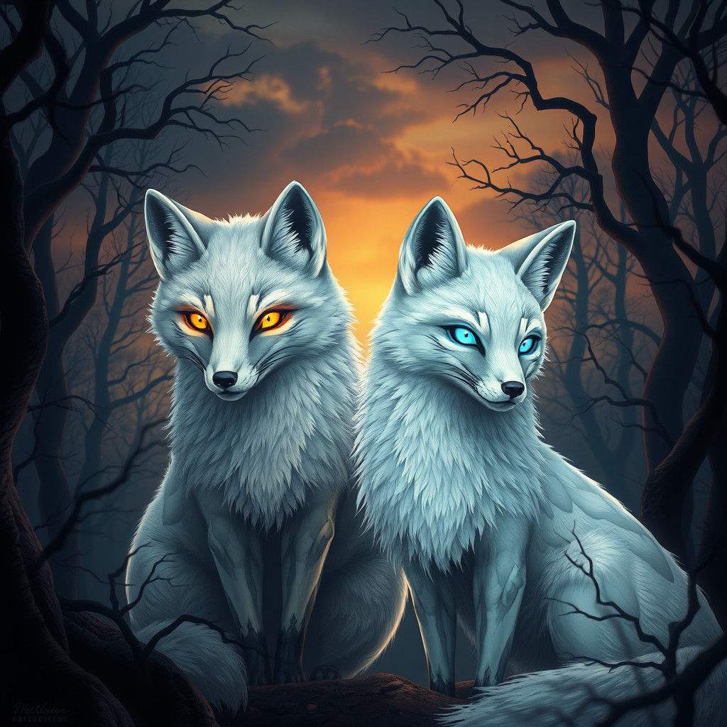 Fire and Ice Marble Foxes in Mystical Forest