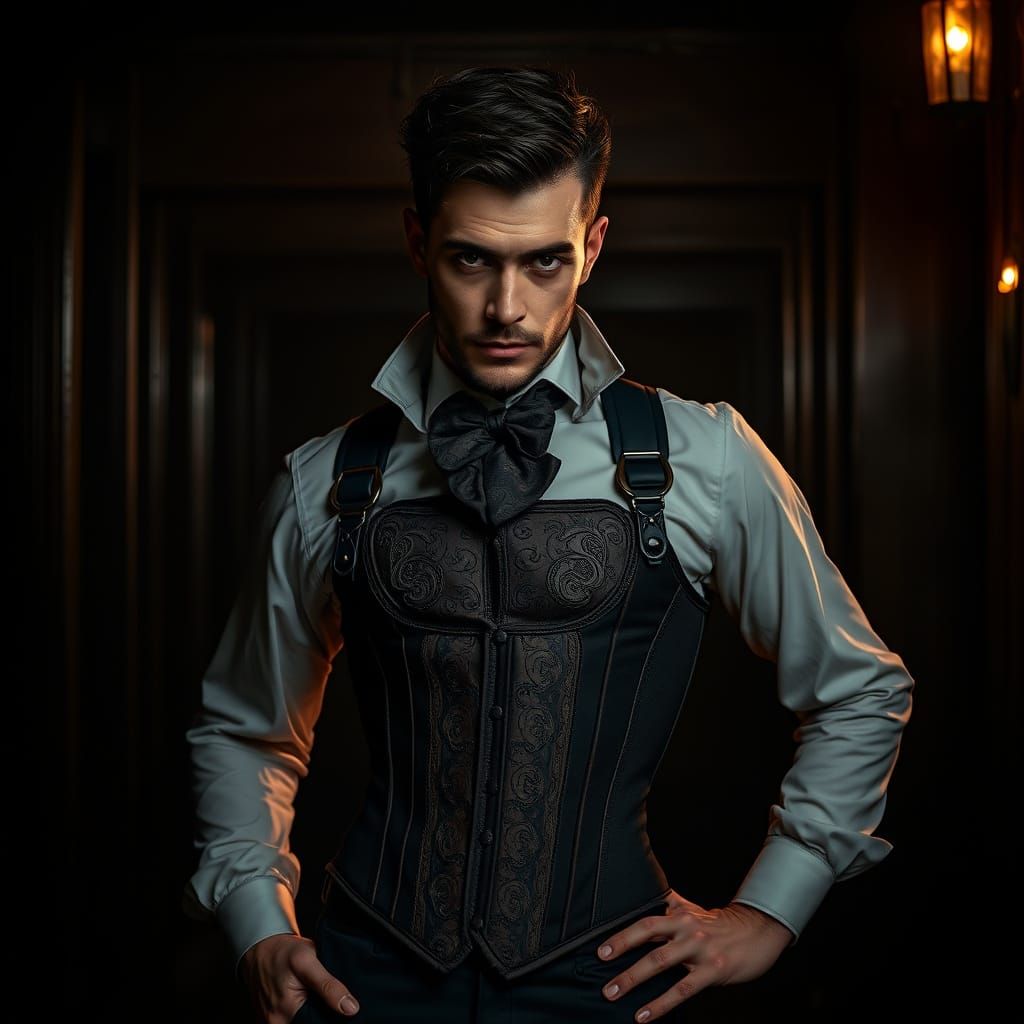 Man Posing in Victorian Corset with Steampunk Elements