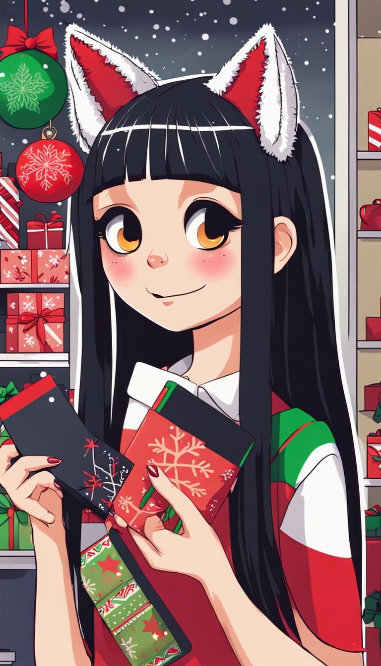 Beautiful Mexican emo girl with black hair and cat ears Buying things at Christmas
