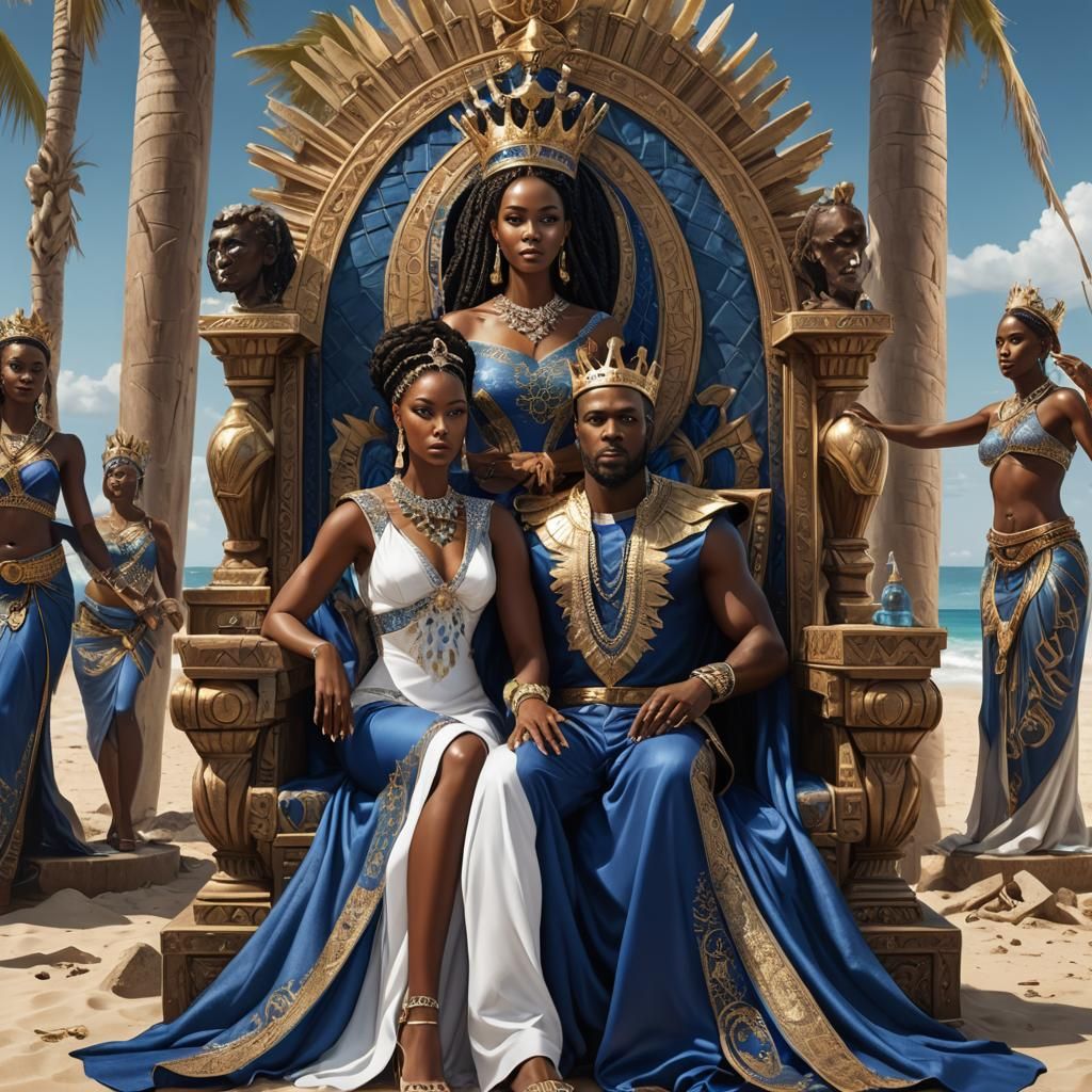 African Queen and King on Beach Throne, Matte Painting