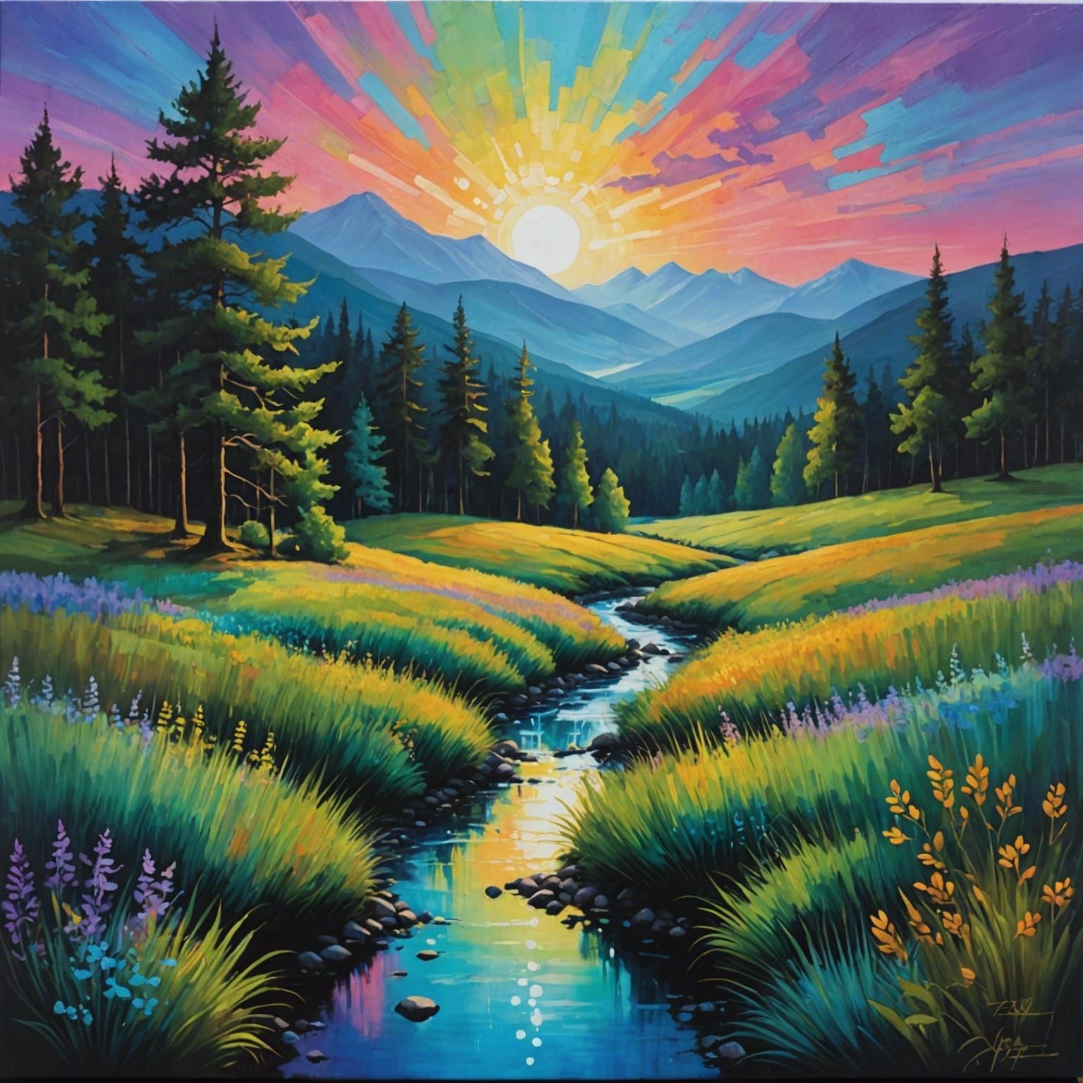 Iridescent Landscape Painting with Flickering Light