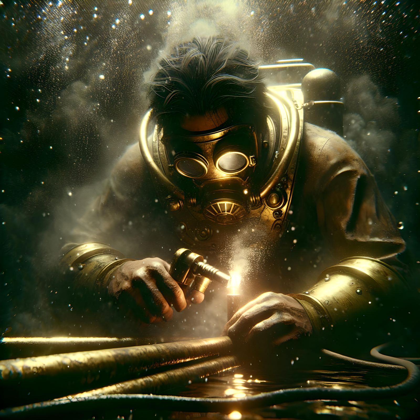 Terrifying Deep Sea Welder in Brass Diving Suit