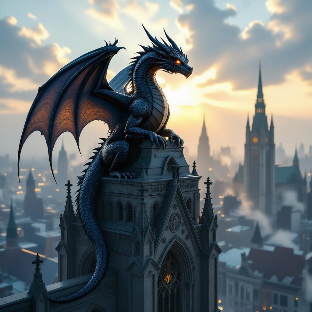 Ancient Obsidian Dragon on Gothic Courthouse Facade