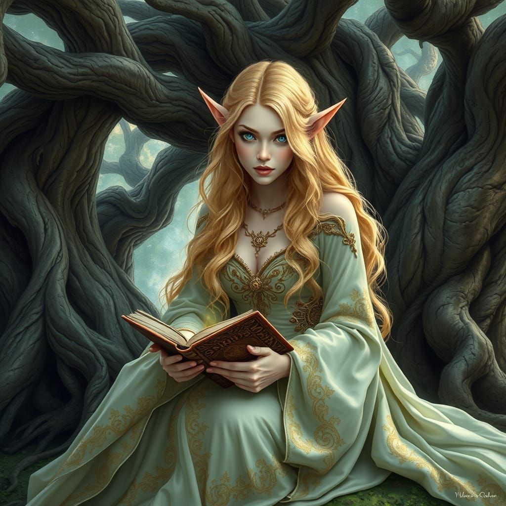 Golden Fantasy Elf Queen Under Ancient Tree with Magic Book