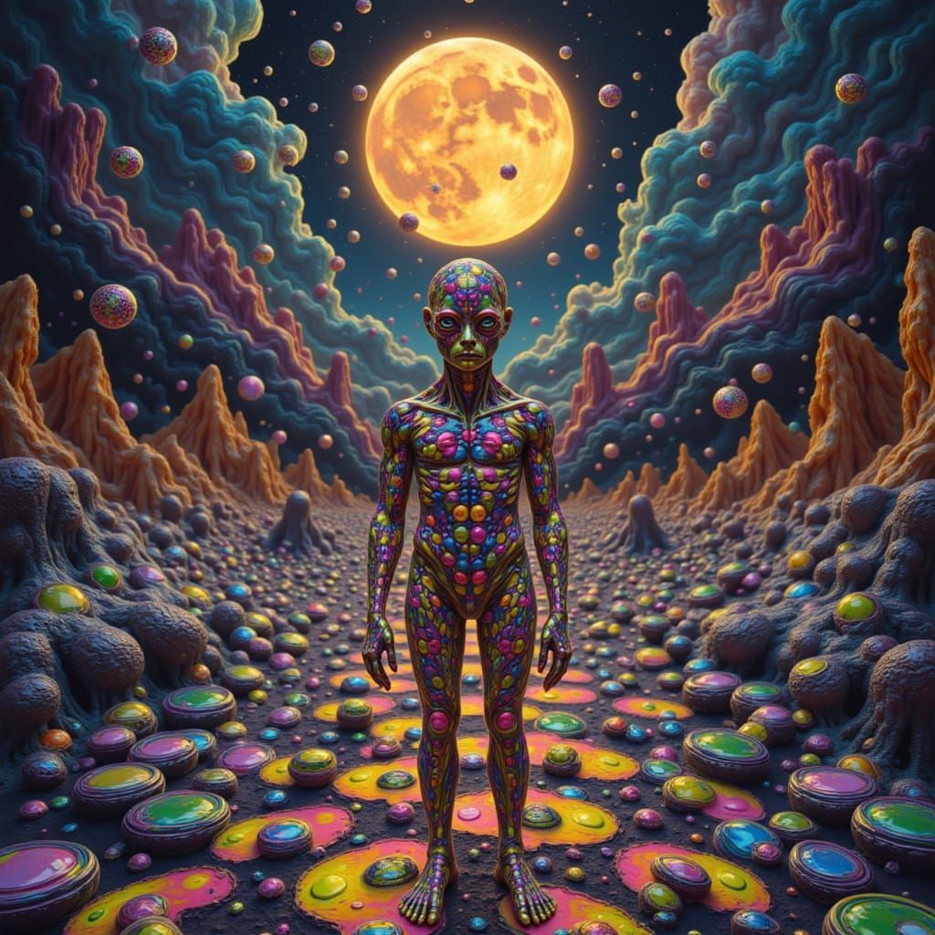 3D Alien in Checkerboard Landscape with Glitter Moon