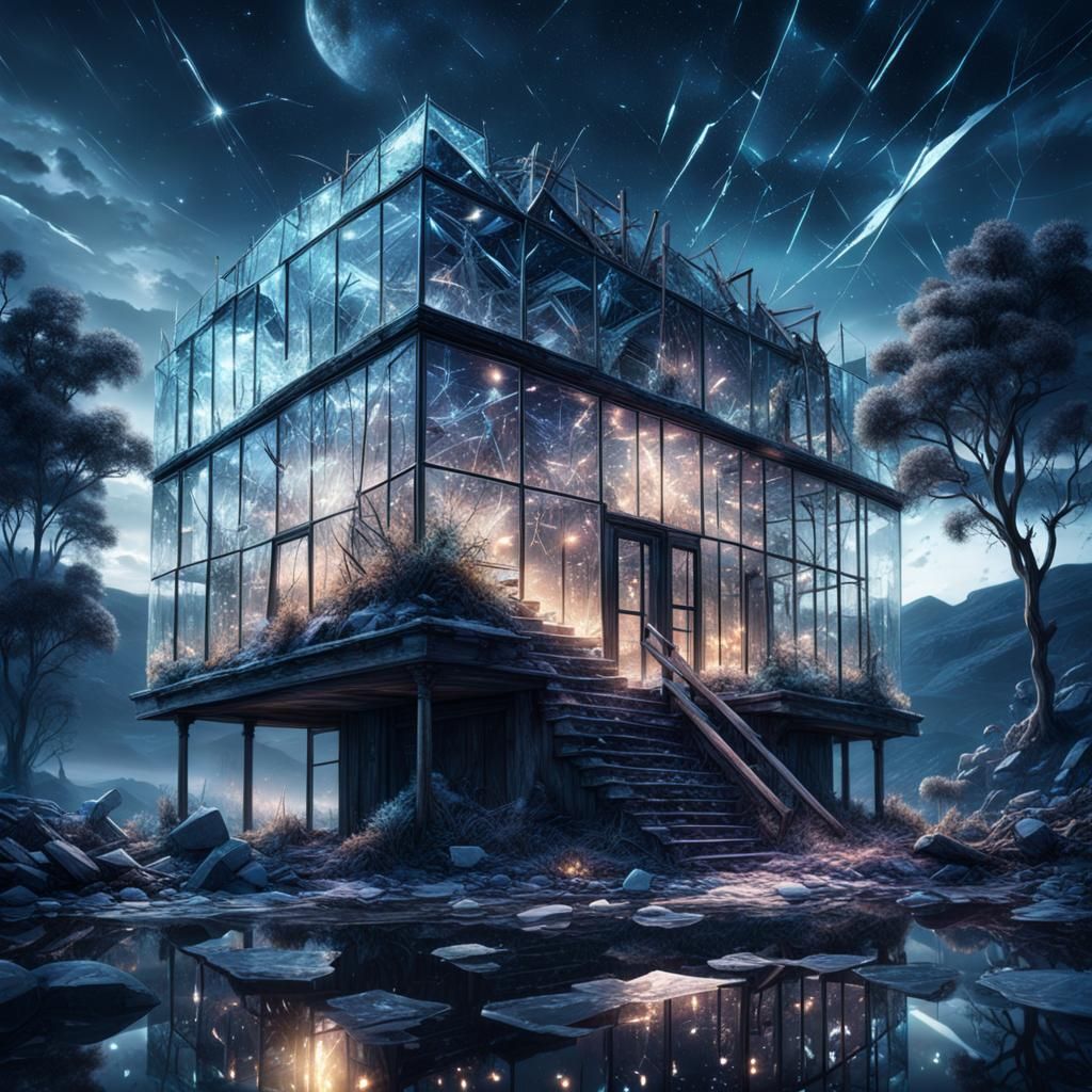Broken Glass House Under Night Sky: Digital Painting