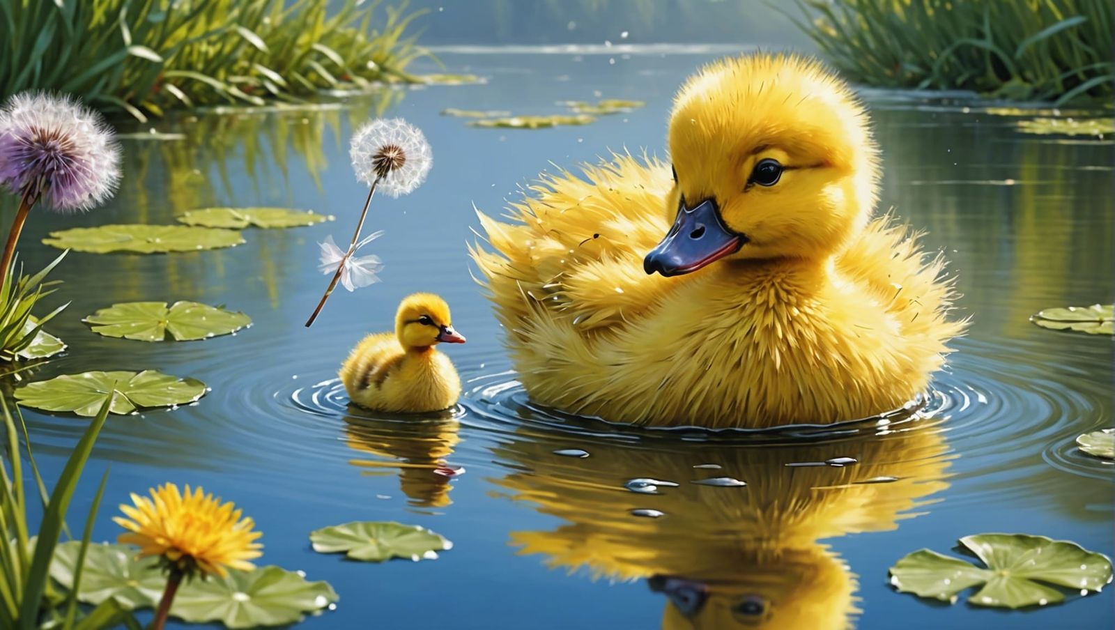 Dandelion Duckling on River in Watercolor Style