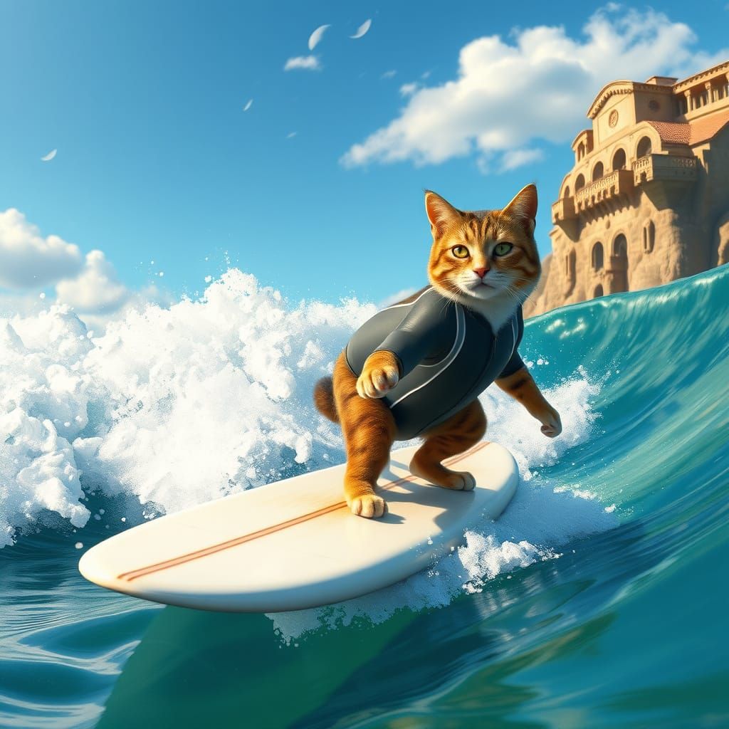 Feline Surfer Rides Coastal Wave