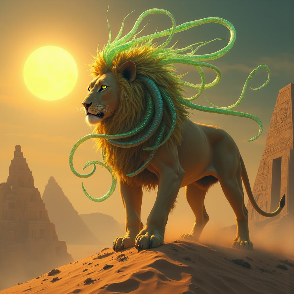 Lion-Venom Hybrid in Mystical Desert Landscape