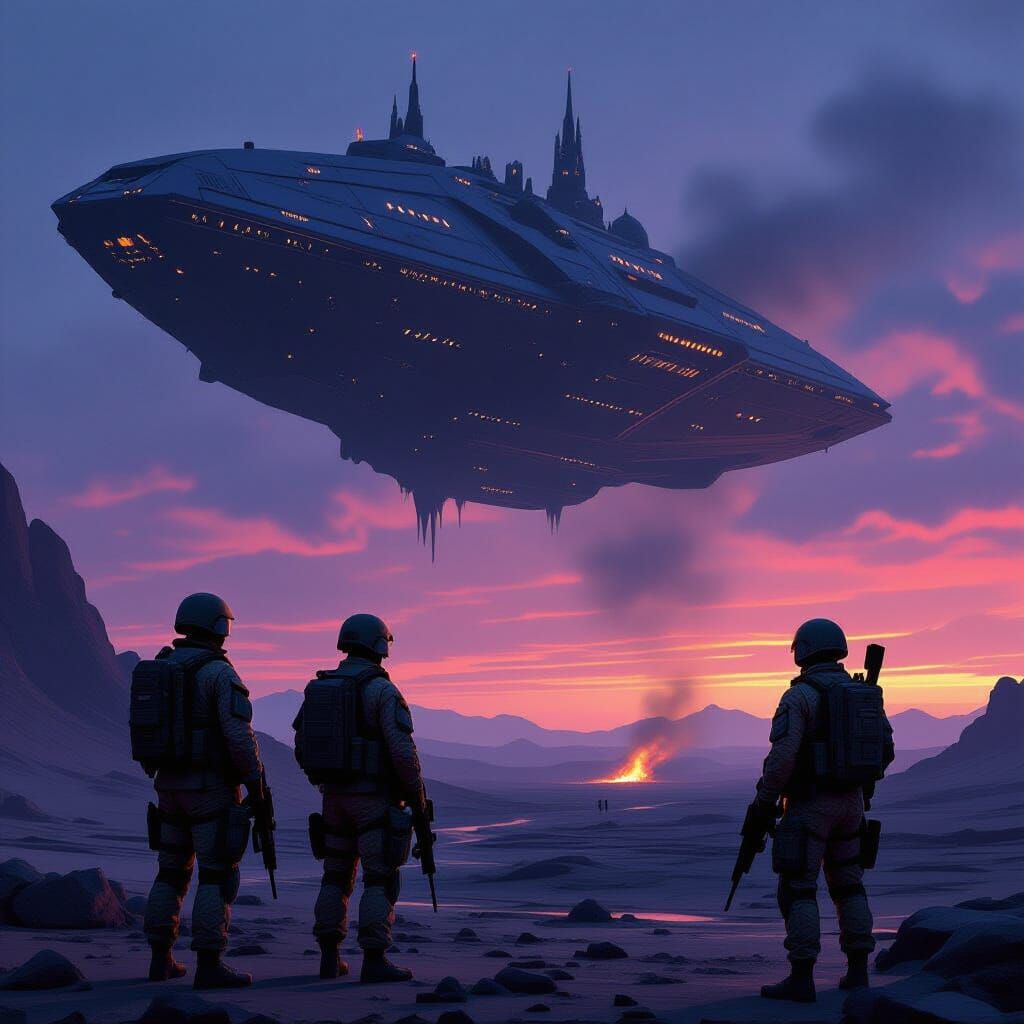 British Soldiers Confront Crashed Gothic Spaceship