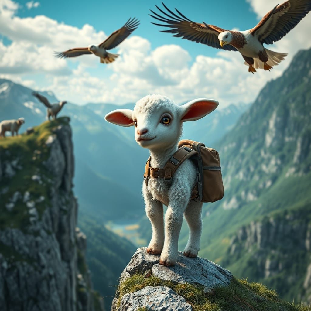 Lamb on Swiss Cliff in Hyper-Realistic CGI Style