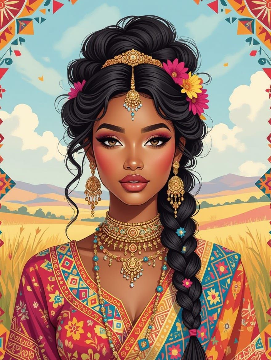 African Woman in Indian Landscape as Watercolor Painting