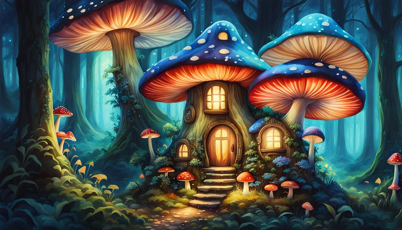 Enchanted Bioluminescent Forest Fairy House: Watercolor Art