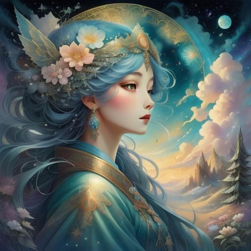 Sorceress in Starry Pine Forest with Rococo Architecture