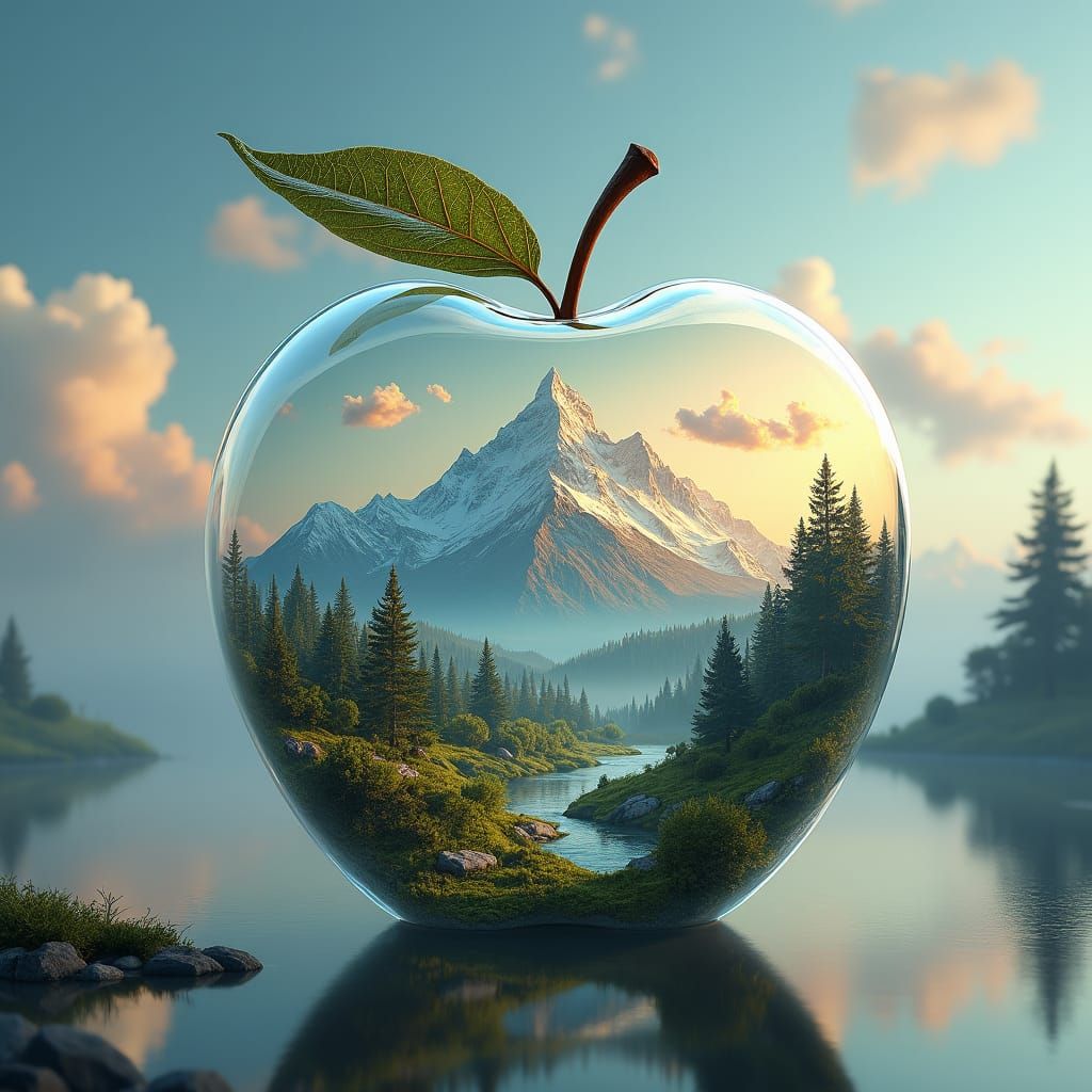 Glass Apple with Mountain Range, Digital Matte Painting