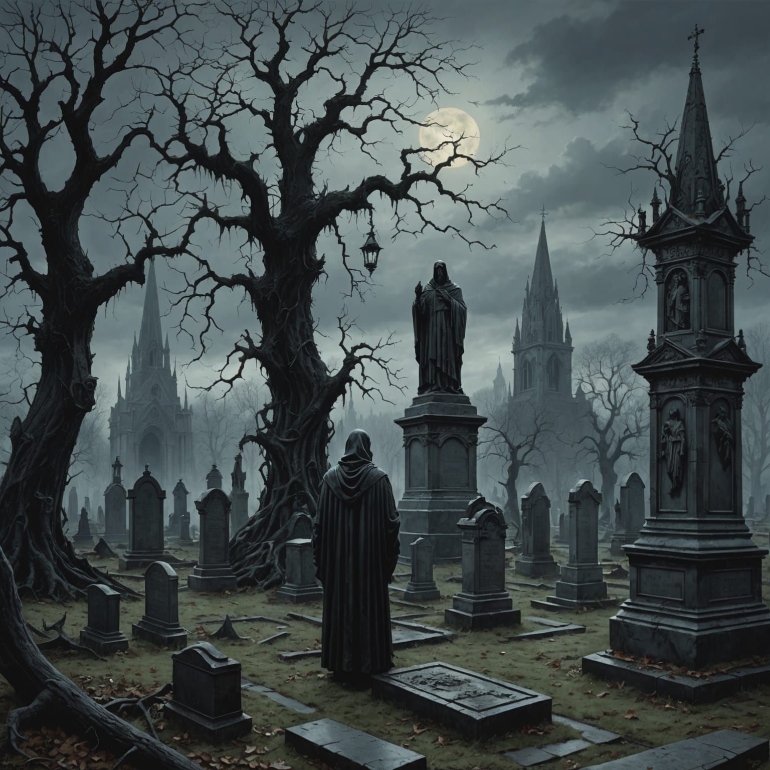 Eerie Graveyard Scene with Gothic Mausoleum