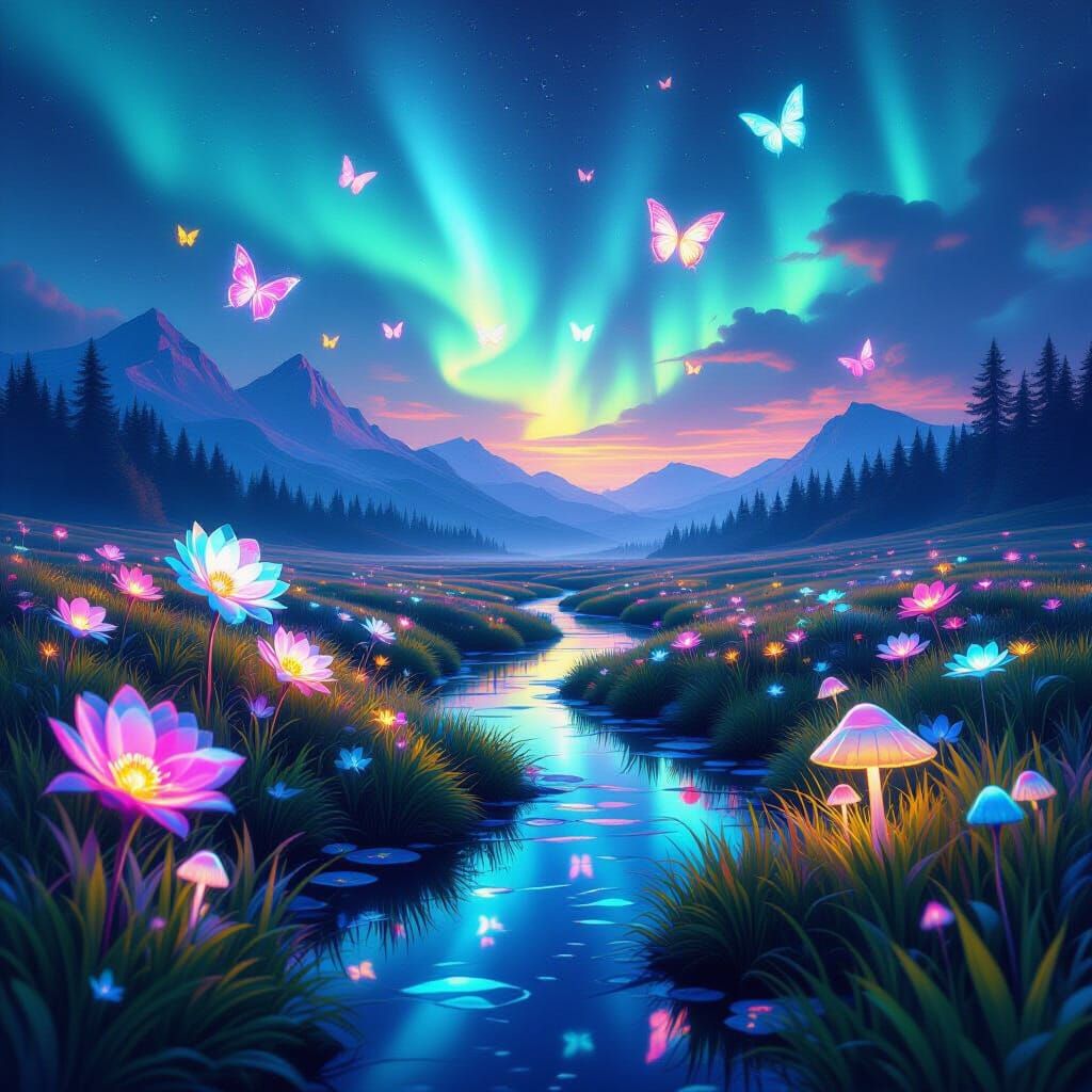 Surreal Meadow with Fractal Flowers and Neon Butterflies