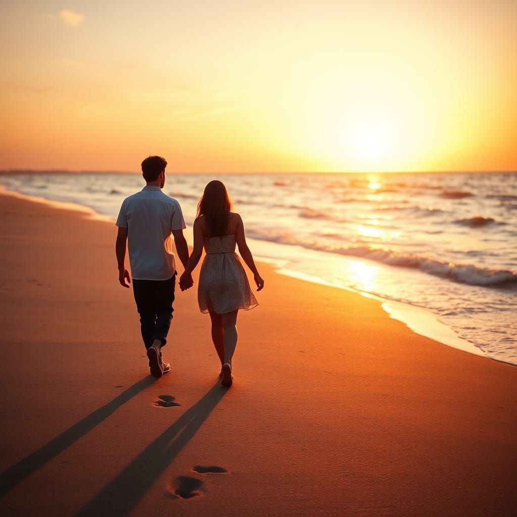 Romantic Sunset Beach Stroll: Golden Hour Serenity