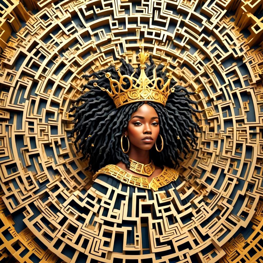 Golden Dreadlock Maze with Crowned Woman in Origami Style