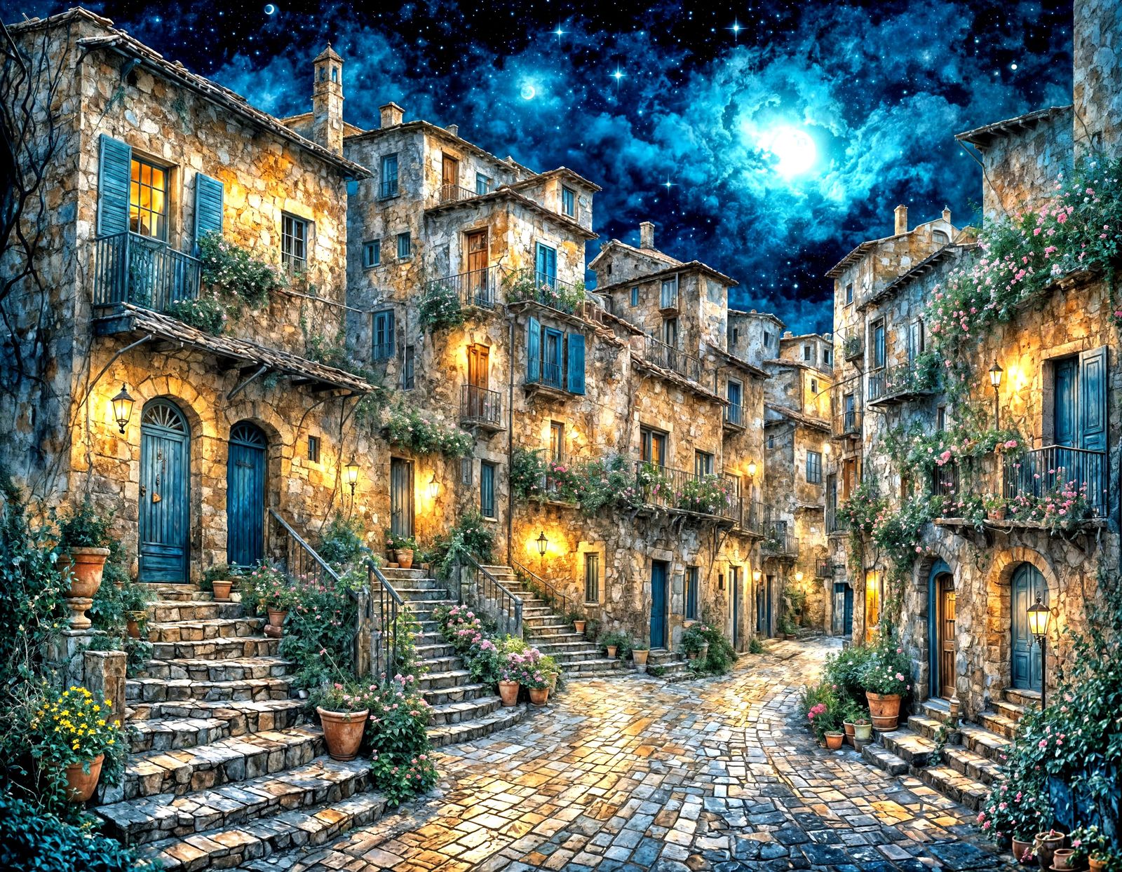 Mediterranean Street Moonlight Acrylic Painting