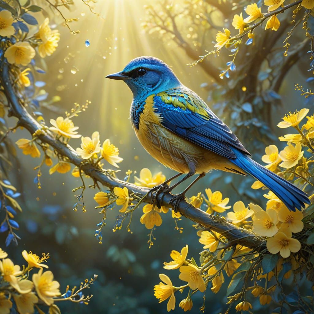 Iridescent Blue Bird with Yellow Flowers
