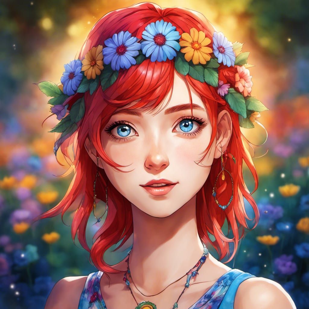 Anime Portrait: Cute Hippie Girl with Red Hair