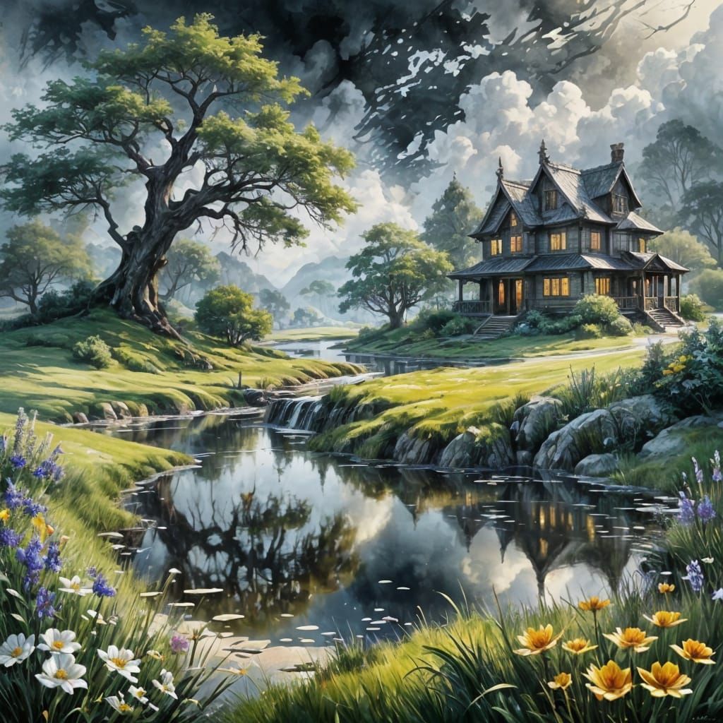 Surreal Landscape with Whimsical Watercolor Style