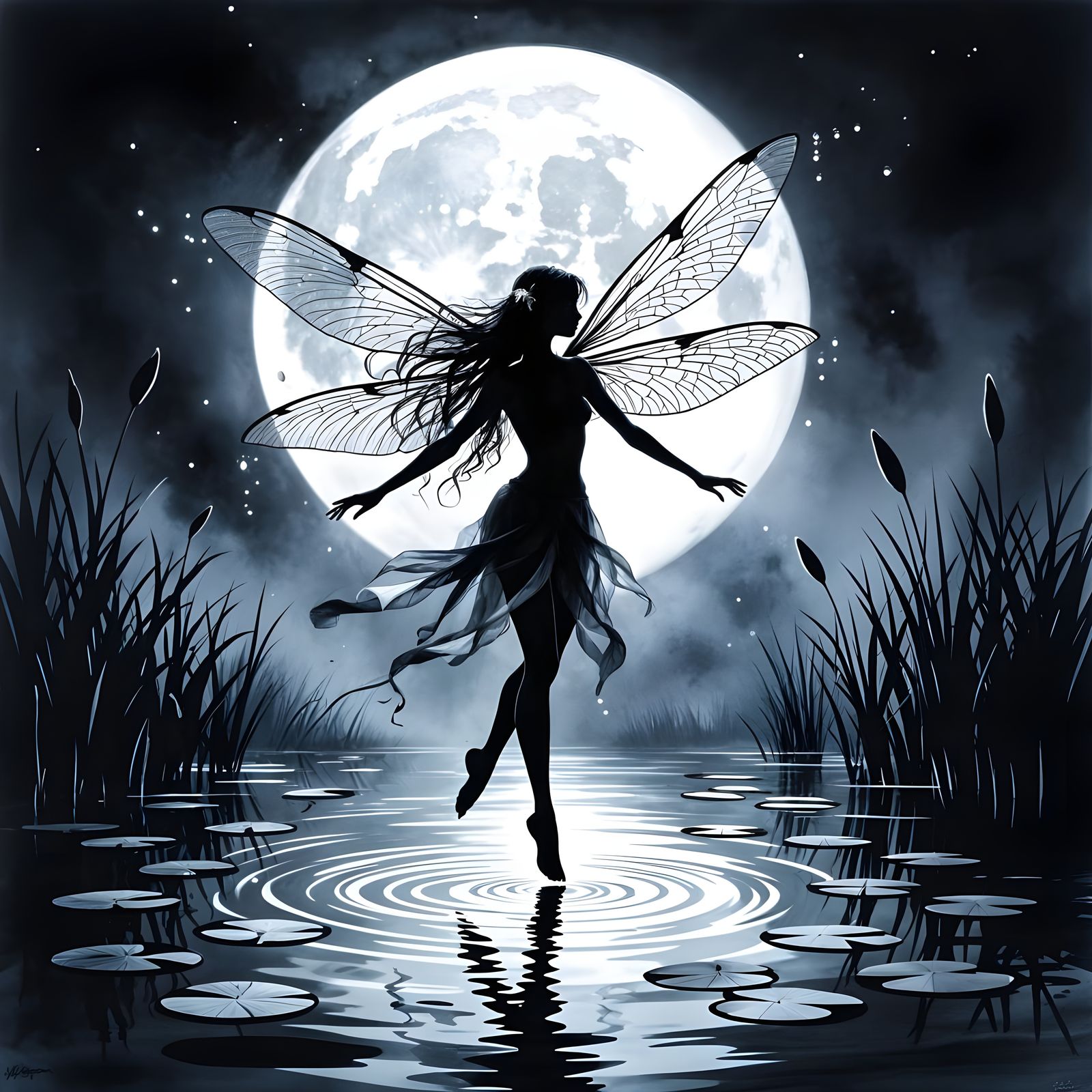 Moonlit Water Fairy Dance: A Charcoal Artwork