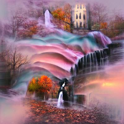 Pastel Gothic photoillustration waterfall during an autumn evening