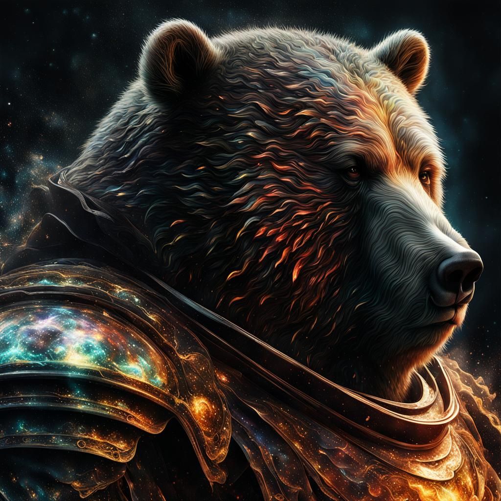 Armored Bear in Holographic Cosmos: Cinematic Dry Brush Art
