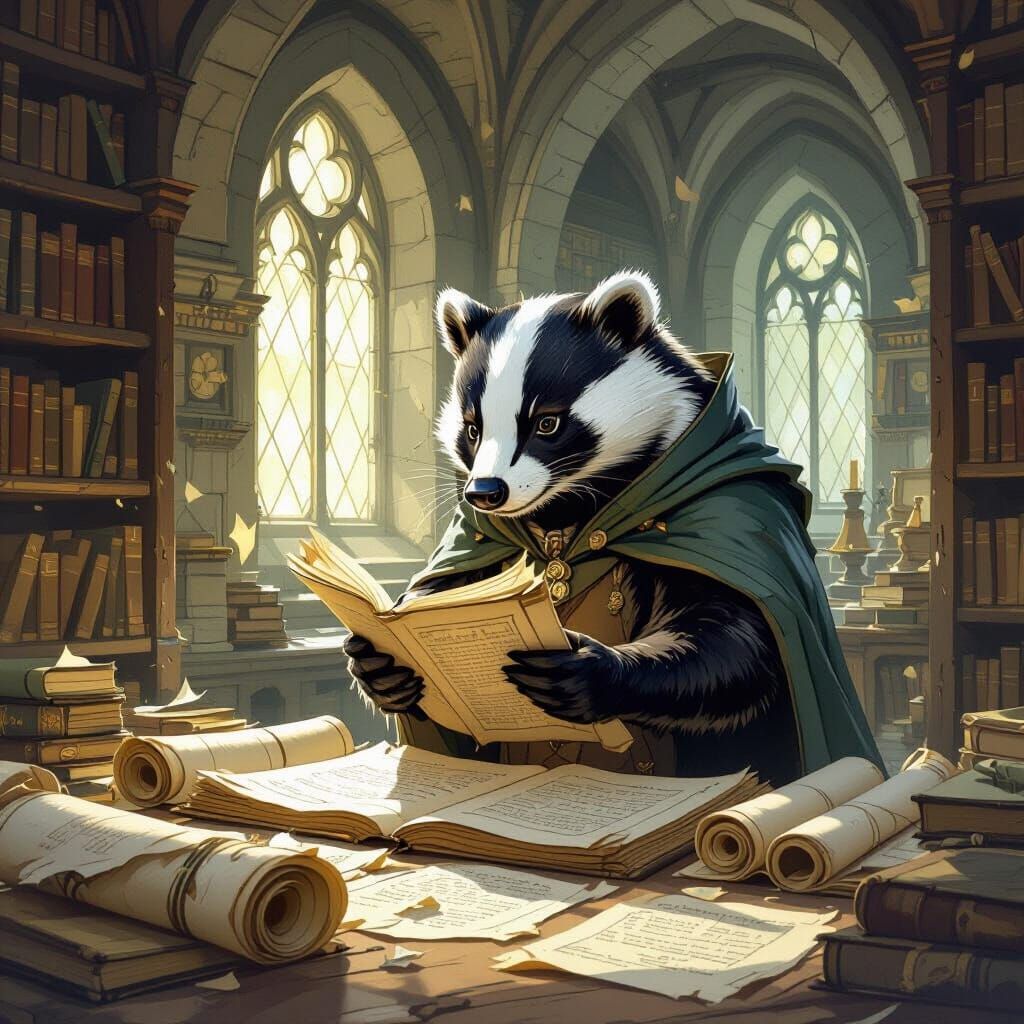 Badger Scholar in Arthur Rackham Style