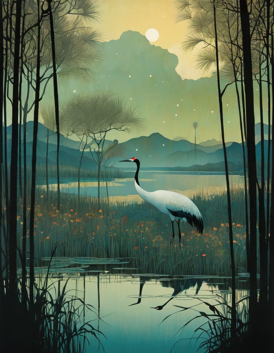 Ethereal Cranes in Evening Lake Light