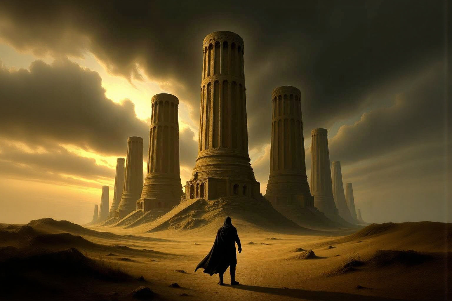 Solitary Figure Amidst Ancient Cosmic Ruins in Digital Paint...