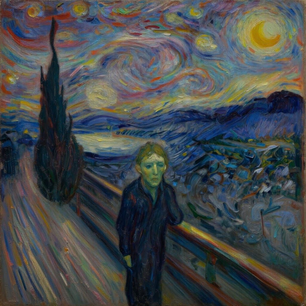 Lone Figure in Desolate Ruined Landscape Oil Painting