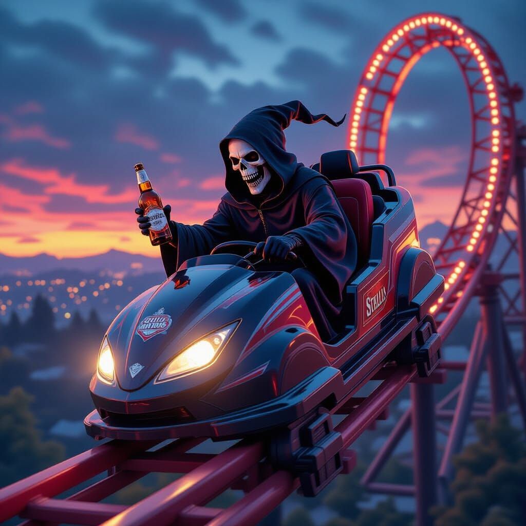 Grim Reaper Enjoys Roller Coaster Ride with Stella Artois