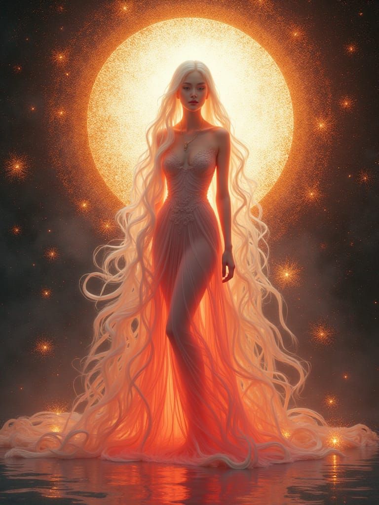 Goddess radiating perfect light in the darkness, surrounded by an aura of sunlit luminescence